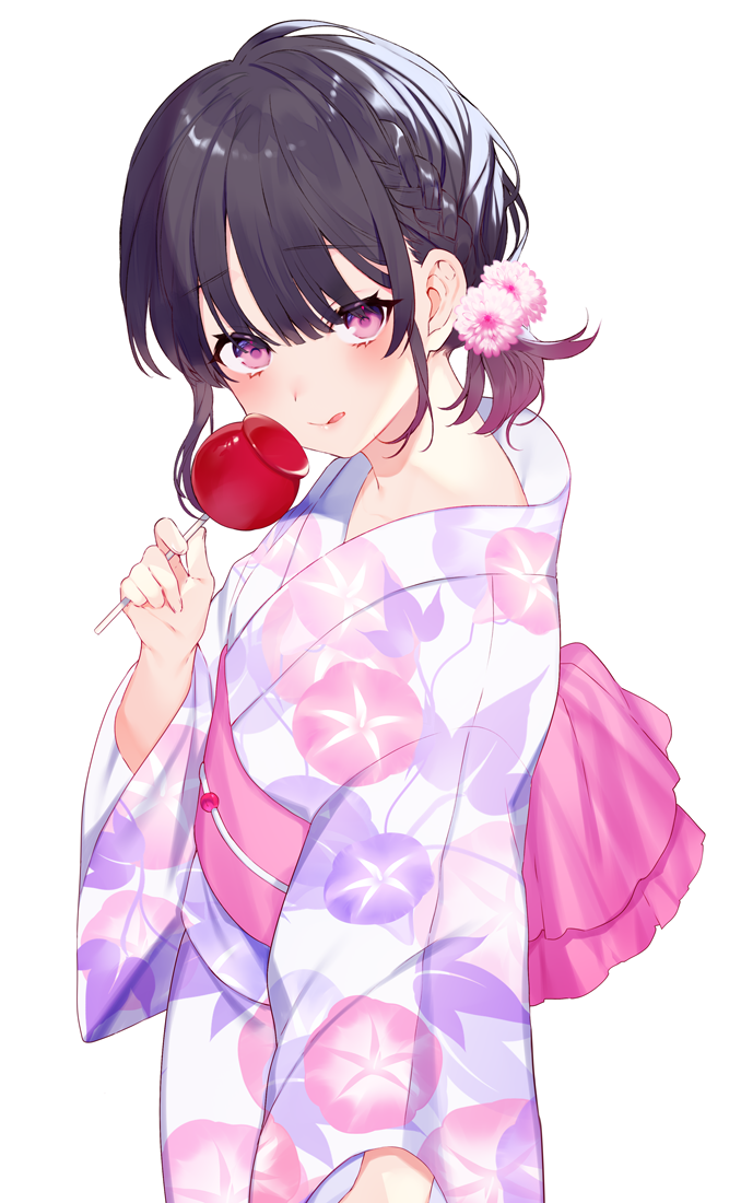 1girl :q achiki bangs black_hair blush braid candy_apple closed_mouth commentary_request cowboy_shot eyebrows_visible_through_hair floral_print flower food from_side gradient_hair hair_flower hair_ornament holding holding_food japanese_clothes kimono long_sleeves looking_at_viewer looking_to_the_side multicolored_hair obi original pink_flower print_kimono purple_hair sash short_hair sidelocks simple_background smile solo tongue tongue_out violet_eyes white_background white_kimono