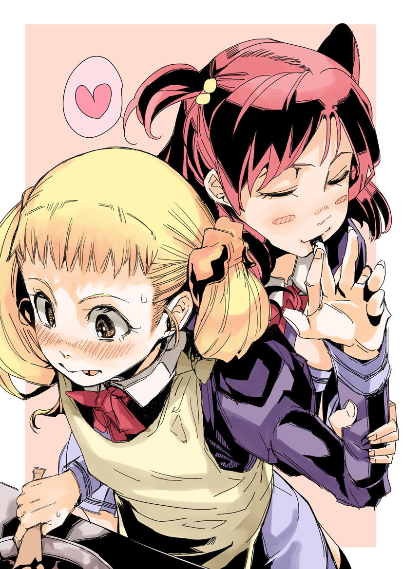 2girls :p apron blonde_hair blush blush_stickers border brown_eyes chocolate closed_eyes commentary_request cooking cowboy_shot finger_in_another's_mouth foreshortening from_above hair_bobbles hair_ornament hair_scrunchie heart kasugano_urara_(yes!_precure_5) l'ecole_des_cinq_lumieres_school_uniform long_hair long_sleeves multiple_girls nose_blush pink_background pink_hair precure sapphire_satou school_uniform scrunchie short_hair short_twintails spatula speech_bubble spoken_heart sweatdrop tongue tongue_out twintails valentine white_border yes!_precure_5 yumehara_nozomi yuri