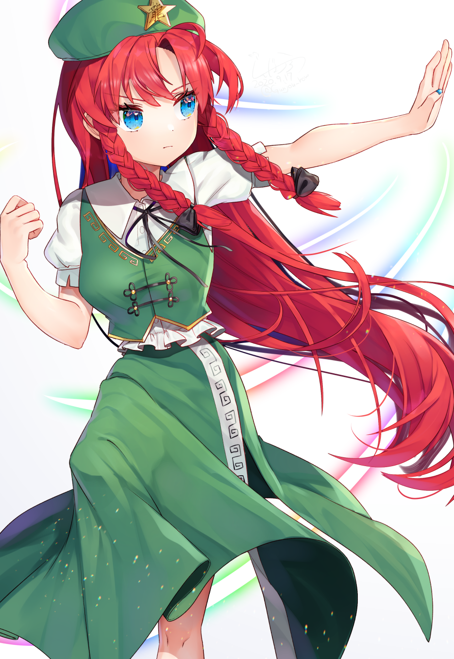 1girl arms_up bangs blue_eyes braid character_name chinese_clothes commentary dated expressionless eyebrows_visible_through_hair fighting_stance flat_cap foot_out_of_frame green_headwear green_skirt green_vest gunjou_row hair_ribbon hat highres hong_meiling light_particles light_trail long_hair looking_to_the_side moe outstretched_arm parted_bangs puffy_short_sleeves puffy_sleeves redhead ribbon shirt short_sleeves signature skirt solo standing standing_on_one_leg star_(symbol) team_shanghai_alice touhou tress_ribbon twin_braids twitter_username very_long_hair vest white_background white_shirt