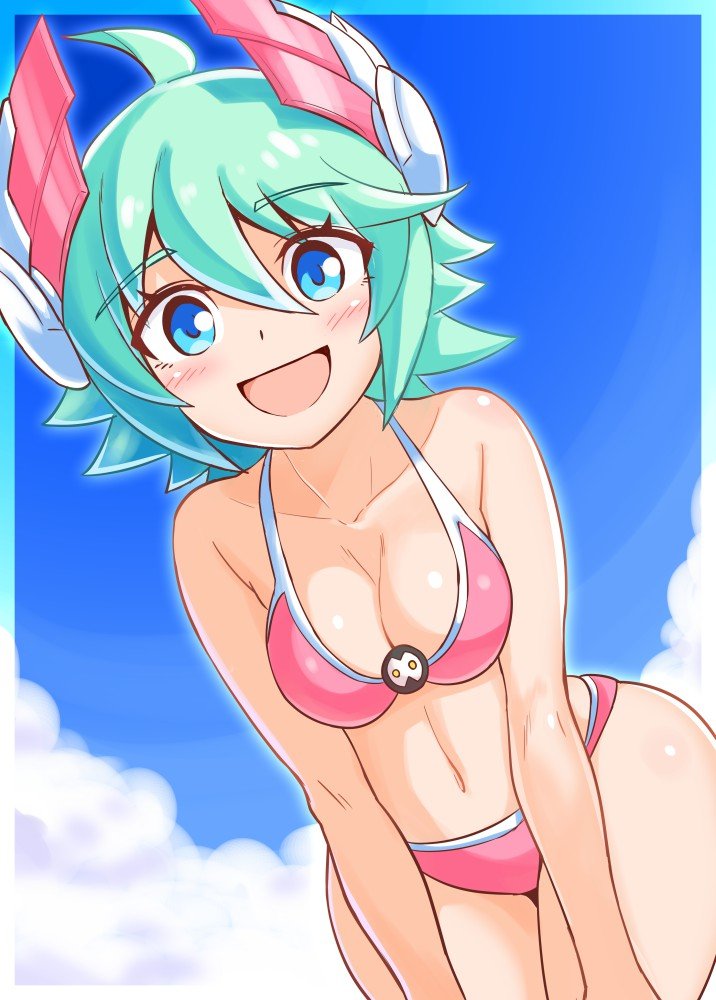 1girl ahoge azure_striker_gunvolt bikini blue_eyes blue_sky breasts cougar1404 green_hair gunvolt_chronicles_luminous_avenger_ix headgear looking_at_viewer ocean open_mouth roro_(gunvolt) short_hair sky smile solo swimsuit