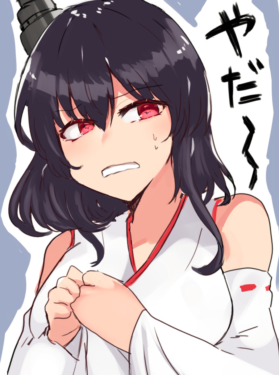 1girl black_hair clenched_teeth commentary_request detached_sleeves hair_ornament headgear highres japanese_clothes kantai_collection looking_back miyako_(00727aomiyako) red_eyes short_hair solo teeth translation_request upper_body wide_sleeves yamashiro_(kantai_collection)