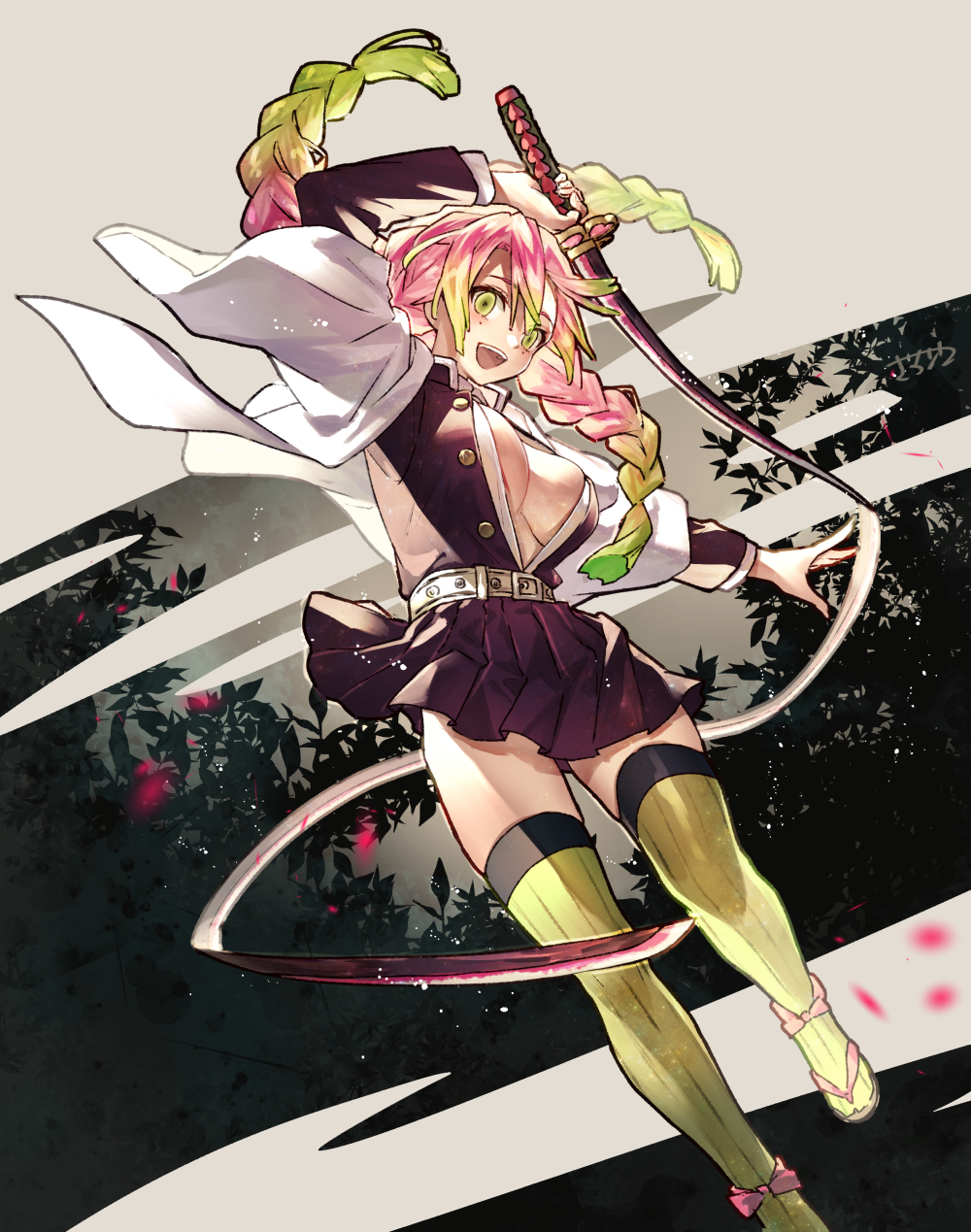 1girl :d bangs belt black_shirt black_skirt breasts full_body gradient_hair green_eyes green_hair green_legwear highres holding holding_sword holding_weapon jacket kanroji_mitsuri kimetsu_no_yaiba large_breasts long_hair long_sleeves looking_at_viewer mole mole_under_eye multicolored_hair open_clothes open_mouth open_shirt pink_hair pleated_skirt sakanahen sandals shirt skirt smile solo sword symbol_commentary thigh-highs tri_braids very_long_hair weapon whip_sword white_jacket