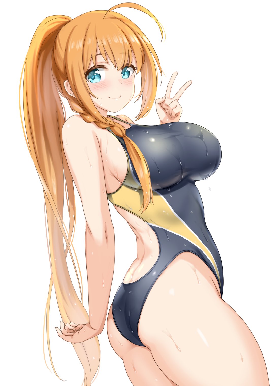 1girl ahoge black_swimsuit blue_eyes braid breasts competition_swimsuit granblue_fantasy highleg highleg_swimsuit highres kibihimi large_breasts long_hair looking_at_viewer one-piece_swimsuit orange_hair pecorine_(princess_connect!) ponytail princess_connect! princess_connect!_re:dive side_braid smile swimsuit two-tone_swimsuit v