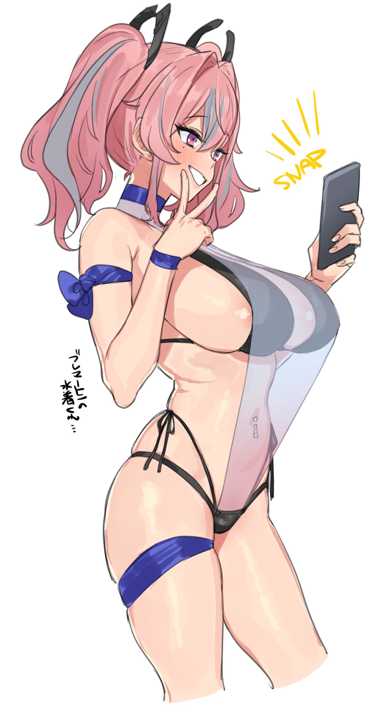1girl absurdres azur_lane bikini black_bikini blush breasts bremerton_(azur_lane) cellphone cropped_legs hair_between_eyes hair_intakes highres holding holding_phone large_breasts mole mole_under_eye multicolored_hair navel_piercing phone piercing pink_hair simple_background skindentation smartphone smile solo suisogenshi swimsuit teeth translation_request twintails two-tone_hair violet_eyes white_background