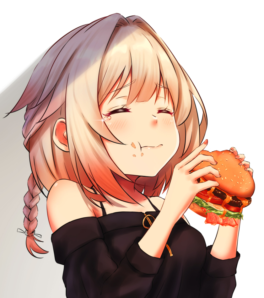 1girl :t bare_shoulders blonde_hair blush braid cevio cheese closed_eyes closed_mouth commentary eating eyebrows_visible_through_hair food food_on_face furrowed_eyebrows hamburger holding holding_food lettuce long_hair one_(cevio) pikao solo sparkle tears tomato upper_body white_background