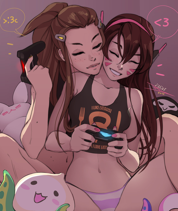 2girls breasts brigitte_(overwatch) brown_hair character_doll chibi chibi_inset closed_eyes commentary controller cosplay costume_switch crop_top d.va_(overwatch) dualshock english_commentary forehead freckles game_console game_controller gamepad grin hair_ornament hairclip head_on_another's_shoulder headphones hug hug_from_behind light_brown_hair lips long_hair mike_nesbitt multiple_girls navel no_pants overwatch pachimari panties playstation_4 ponytail reaper_(overwatch) sidelocks sitting small_breasts smile striped striped_panties stuffed_animal stuffed_bunny stuffed_toy tank_top underwear whisker_markings yuri