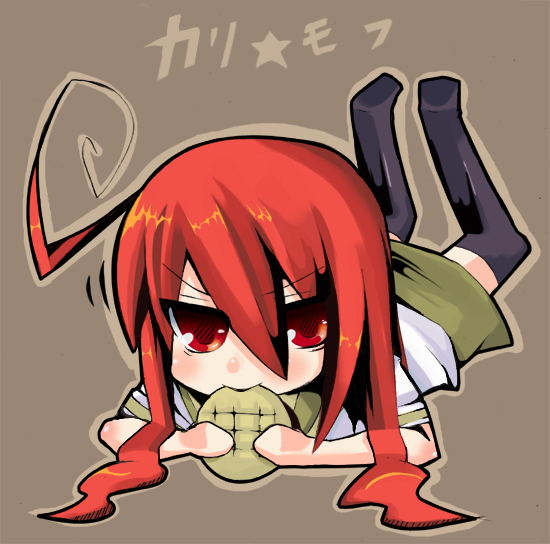 bad_id bread bread_in_mouth chibi eating food koba long_hair lying melon_bread meronpan red_eyes red_hair redhead shakugan_no_shana shana thigh-highs thighhighs