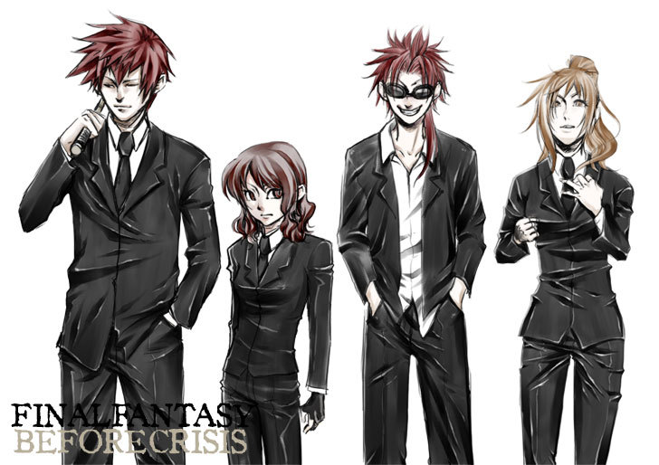 before_crisis cissnei final_fantasy final_fantasy_vii formal lineup reno rod_(male) shotgun_(female) suit title_drop truk_shuriken turk_reno turk_rod turk_shotgun turks