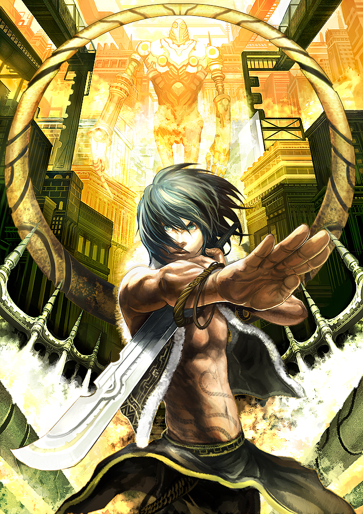 bracelet city futuristic green_eyes jewelry male male_only mecha muscle robot science_fiction scifi shikei short_hair shukei sword tattoo vest weapon