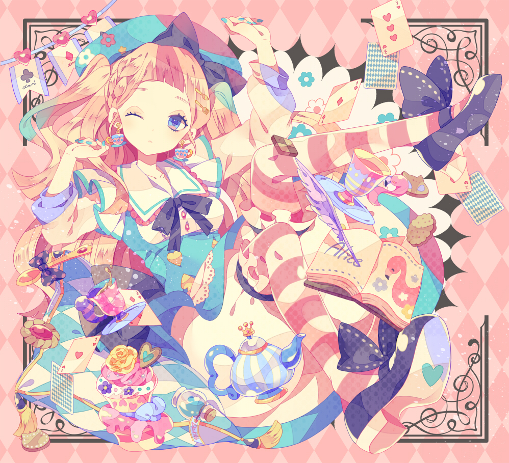 1girl alice_(wonderland) alice_in_wonderland bird blue_eyes blue_nails book card checkerboard_cookie cookie cup drink_me drink_me_potion earrings flamingo food food_themed_clothes jewelry nail_polish one_eye_closed playing_card quill solo striped striped_legwear teacup teacup_earrings teapot yumenouchi_chiharu