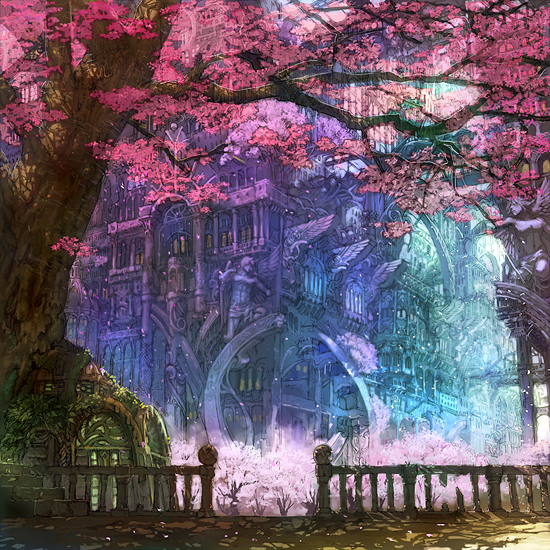 building cherry_blossoms flower landscape light munashichi petals rail railing scenery tree trees window windows wings