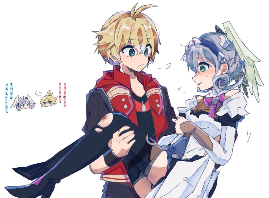 1boy 1girl blonde_hair blue_eyes blush braid breasts breath carrying crown_braid head_wings hetero juliet_sleeves long_sleeves medium_breasts melia_antiqua mugimugis princess_carry puffy_sleeves scraped_knee shulk_(xenoblade) silver_hair simple_background thigh-highs torn_clothes torn_legwear translation_request white_background xenoblade_chronicles xenoblade_chronicles:_future_connected xenoblade_chronicles_(series)