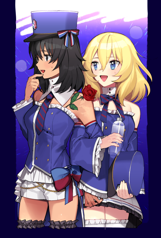 2girls :d alternate_costume andou_(girls_und_panzer) bangs bc_freedom_(emblem) black_hair blonde_hair blouse blue_blouse blue_bow blue_eyes blue_headwear blue_neckwear blue_sleeves bottle bow bowtie brown_eyes chain dark_skin detached_collar detached_sleeves diagonal_stripes double-breasted double_horizontal_stripe emblem finger_to_mouth flower frilled_blouse frilled_skirt frilled_sleeves frills garters girls_und_panzer hat hat_removed headwear_removed high_collar holding holding_bottle holding_clothes holding_hat idol kepi locked_arms looking_to_the_side medium_hair messy_hair military_hat miniskirt multicolored_bow multiple_girls necktie open_mouth oshida_(girls_und_panzer) pleated_skirt red_bow red_flower red_rose rose short_shorts shorts skirt smile strapless striped striped_neckwear sweat tan3charge thigh-highs water_bottle white_legwear white_shorts white_skirt