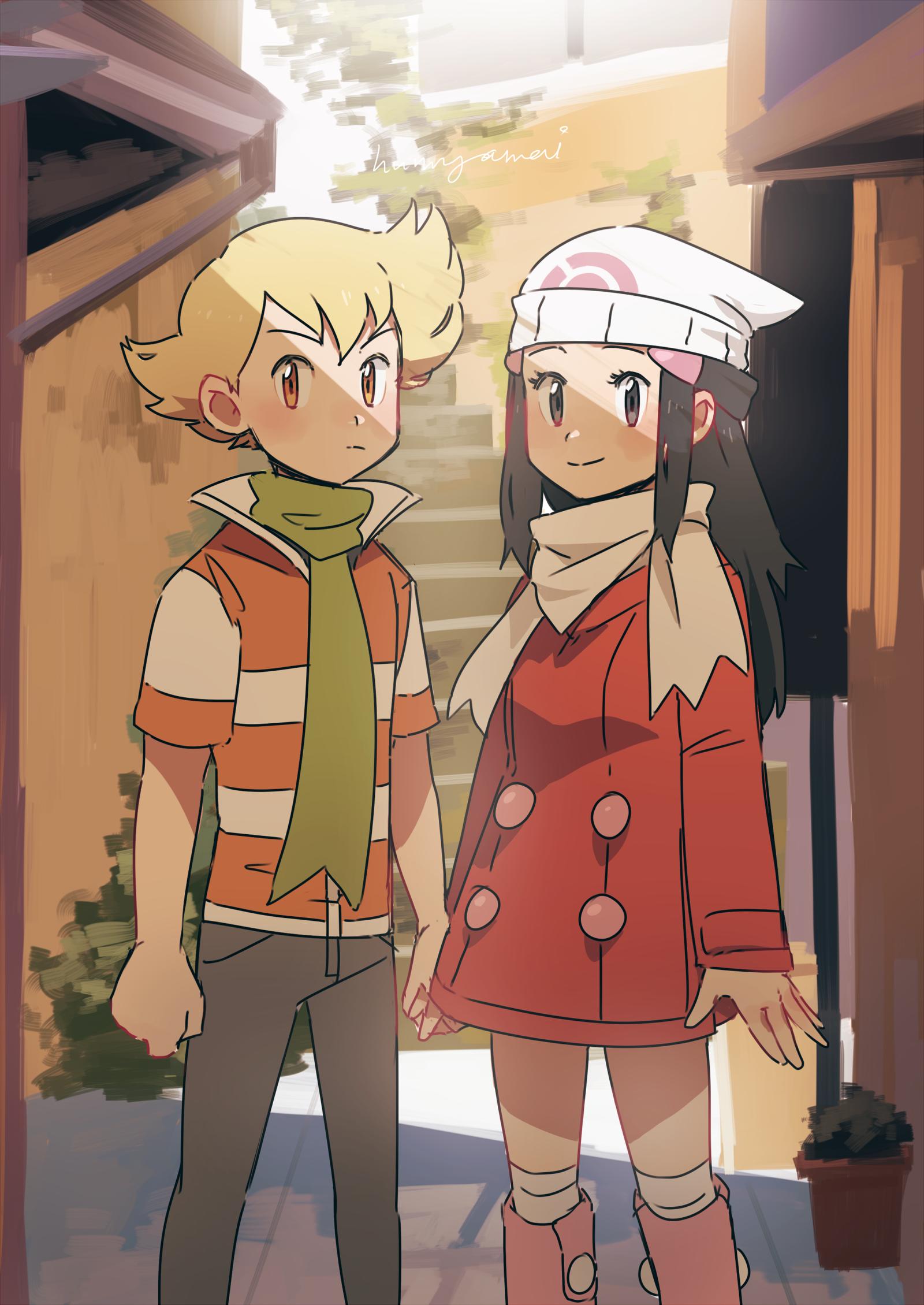 1boy 1girl barry_(pokemon) beanie black_hair blonde_hair blush boots brown_eyes buttons coat commentary hikari_(pokemon) day eyelashes green_scarf grey_eyes hair_ornament hairclip hat highres hunnyamai long_hair long_sleeves looking_at_viewer outdoors pink_footwear plant pokemon pokemon_(game) pokemon_dppt pokemon_platinum potted_plant red_coat scarf short_sleeves sidelocks smile socks white_headwear white_legwear white_scarf