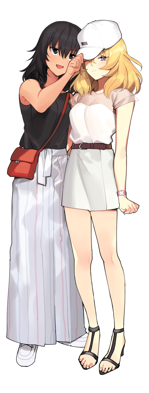 2girls adjusting_clothes adjusting_headwear andou_(girls_und_panzer) bag bangs baseball_cap belt black_footwear black_hair black_shirt blonde_hair blue_eyes blush brown_belt brown_eyes carrying casual clenched_hand closed_mouth dark_skin eyebrows_visible_through_hair frown full_body girls_und_panzer half-closed_eye handbag hat highres long_skirt looking_at_another looking_at_viewer medium_hair messy_hair miniskirt multiple_girls one_eye_closed open_mouth oshida_(girls_und_panzer) pleated_skirt sandals shirt shoes short_sleeves side-by-side simple_background skirt sleeveless sleeveless_shirt smile standing tan3charge watch watch white_background white_footwear white_headwear white_shirt white_skirt