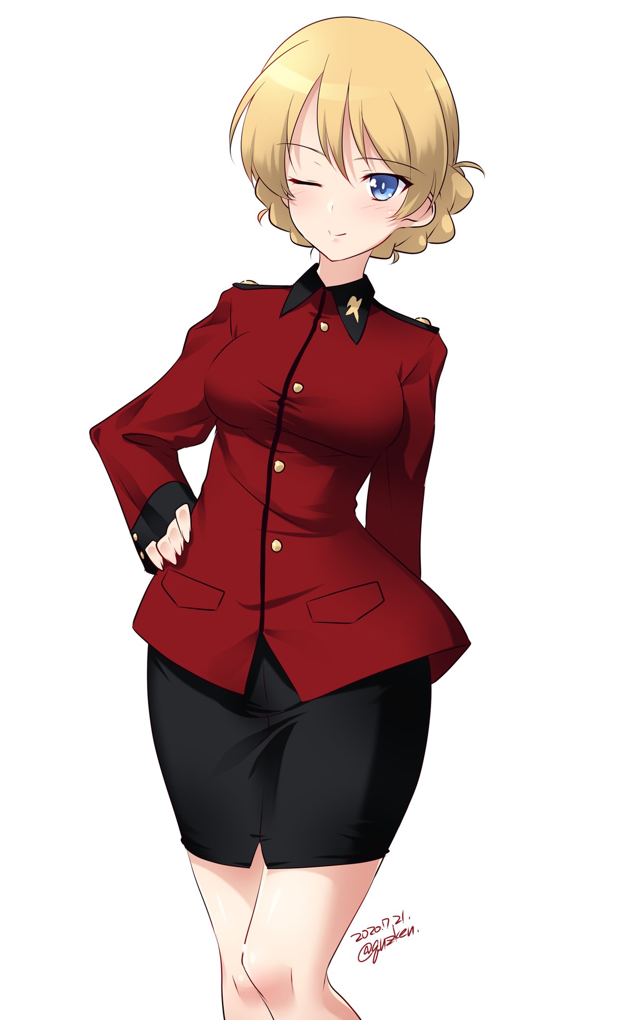 1girl artist_name black_skirt blonde_hair blue_eyes blush braid breasts closed_mouth darjeeling_(girls_und_panzer) dated eyebrows_visible_through_hair girls_und_panzer hand_on_hip highres jacket kuzuryuu_kennosuke large_breasts looking_at_viewer military military_uniform one_eye_closed red_jacket shiny shiny_hair shiny_skin simple_background skirt smile solo st._gloriana's_military_uniform standing uniform white_background