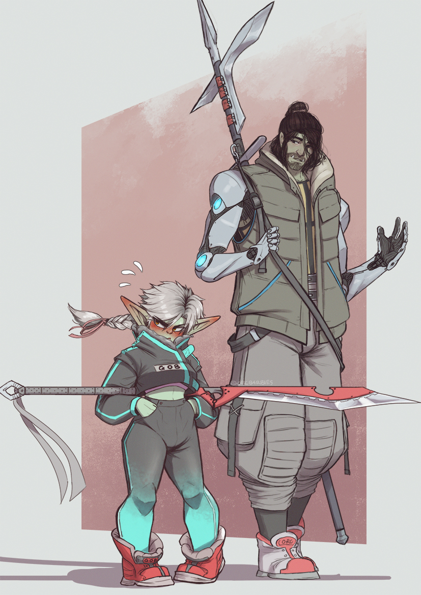 1girl ankle_boots baggy_pants black_hair boots commentary crop_top cyberpunk english_commentary facial_hair female_goblin glaive goblin green_skin hair_bun halberd hands_in_pockets height_difference holding holding_polearm holding_weapon joints long_braid long_hair long_pointy_ears looking_away low-tied_long_hair mechanical_arms mechanical_hands mechanical_parts messy_hair midriff neon_trim orc orcbarbies original pants pigeon-toed pointy_ears polearm red_footwear robot_joints silver_hair stubble tsundere weapon weapon_on_back