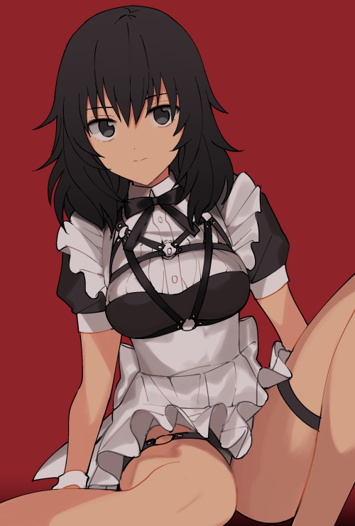 1girl alternate_costume andou_(girls_und_panzer) apron bangs black_dress black_hair black_neckwear black_panties black_ribbon brown_eyes chest_harness closed_mouth collared_dress dark_skin dress enmaided girls_und_panzer harness leaning_to_the_side light_smile looking_at_viewer maid maid_apron medium_hair messy_hair neck_ribbon o-ring o-ring_bottom o-ring_panties panties pantyshot puffy_short_sleeves puffy_sleeves red_background ribbon short_dress short_sleeves simple_background sitting solo tan3charge underwear white_apron