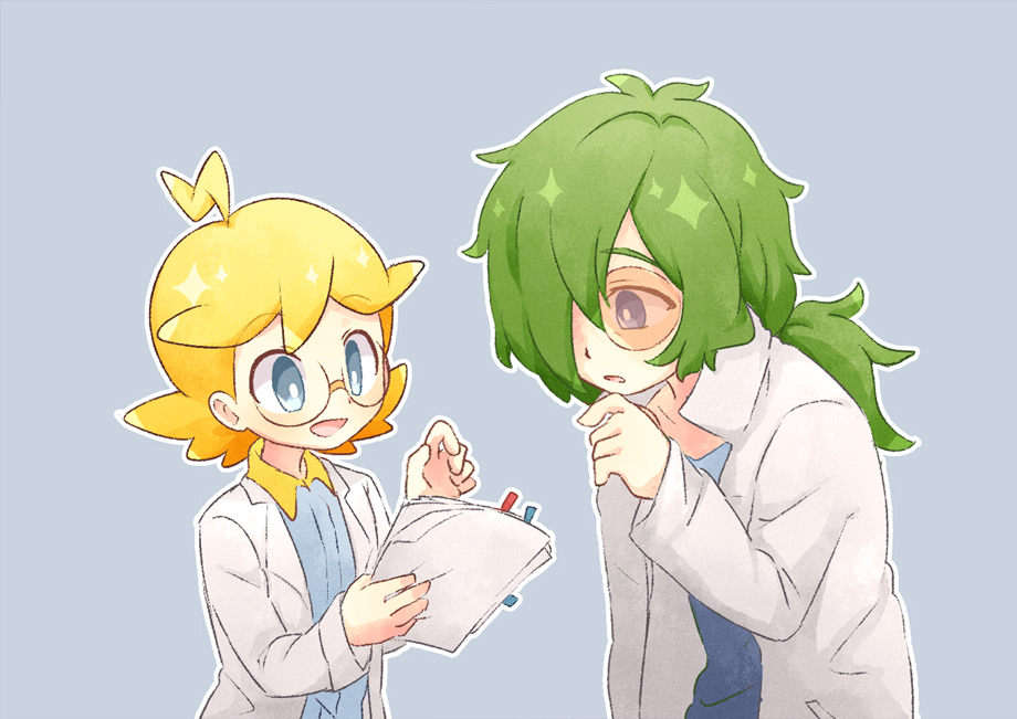 2boys ahoge akasaka_(qv92612) bangs blonde_hair blue_jumpsuit clemont_(pokemon) commentary_request eyebrows_visible_through_hair eyepiece green_hair hair_over_one_eye hand_up hands_up holding holding_paper labcoat long_hair long_sleeves looking_down male_focus multiple_boys open_mouth orange-tinted_eyewear paper pokemon pokemon_(anime) pokemon_m21 pokemon_xy_(anime) shiny shiny_hair tongue toren_(pokemon)