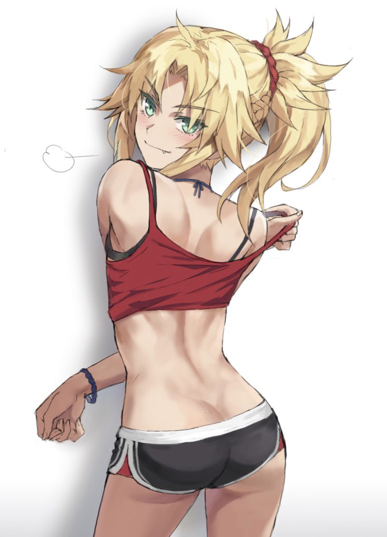 1girl ass back bangs bare_shoulders black_shorts blonde_hair blush braid breasts camisole closed_mouth fang fate/apocrypha fate_(series) french_braid green_eyes hair_ornament hair_scrunchie jewelry long_hair looking_at_viewer looking_back mordred_(fate) mordred_(fate)_(all) necklace parted_bangs ponytail red_camisole red_scrunchie scrunchie short_shorts shorts sidelocks smile solo thighs tonee
