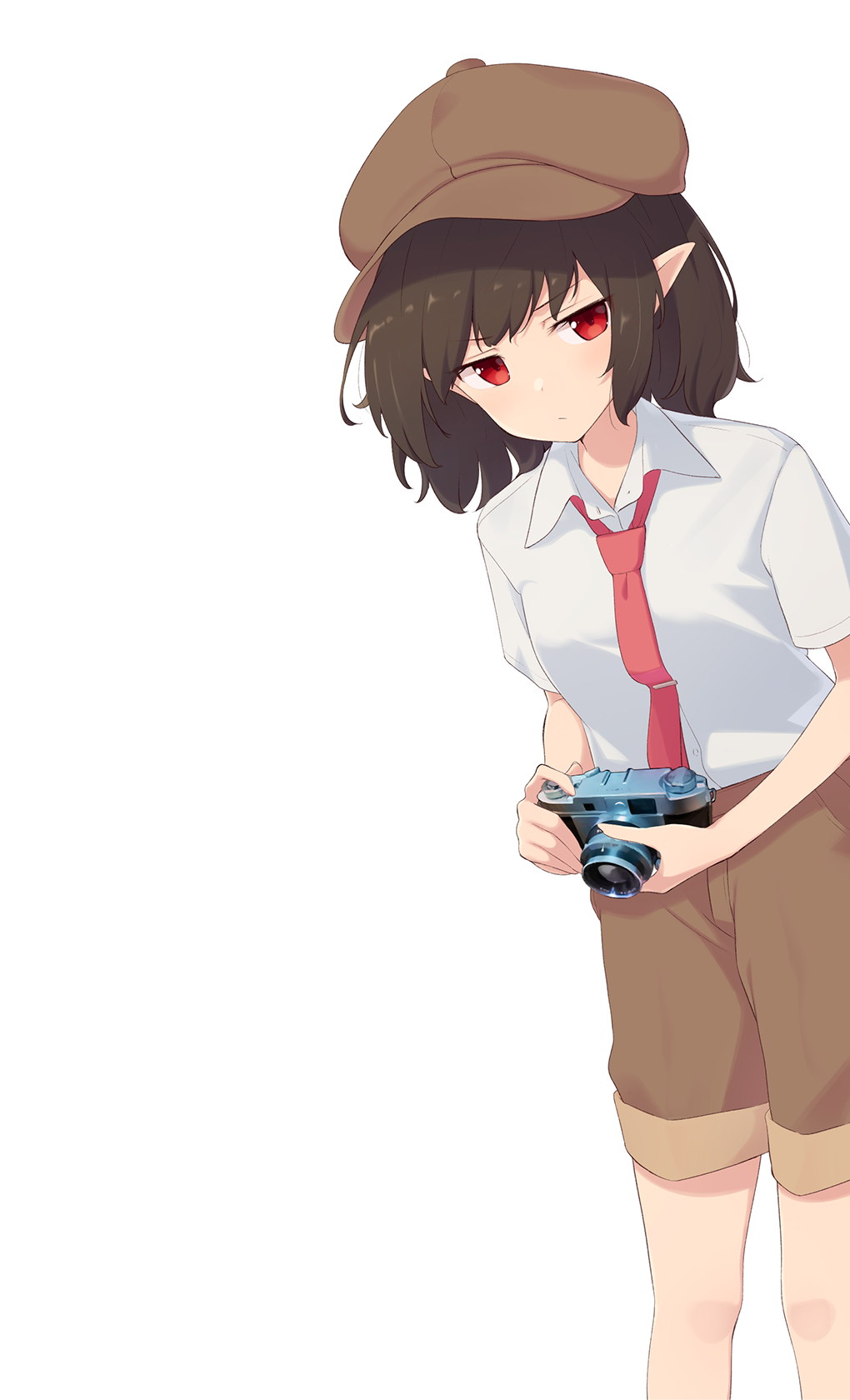 1girl :/ black_hair brown_headwear brown_shorts camera expressionless flat_cap hat highres holding holding_camera kanpa_(campagne_9) leaning_to_the_side looking_at_viewer loose_necktie necktie pointy_ears red_eyes red_neckwear shameimaru_aya shirt short_hair short_sleeves shorts simple_background solo standing tie_clip touhou white_background white_shirt