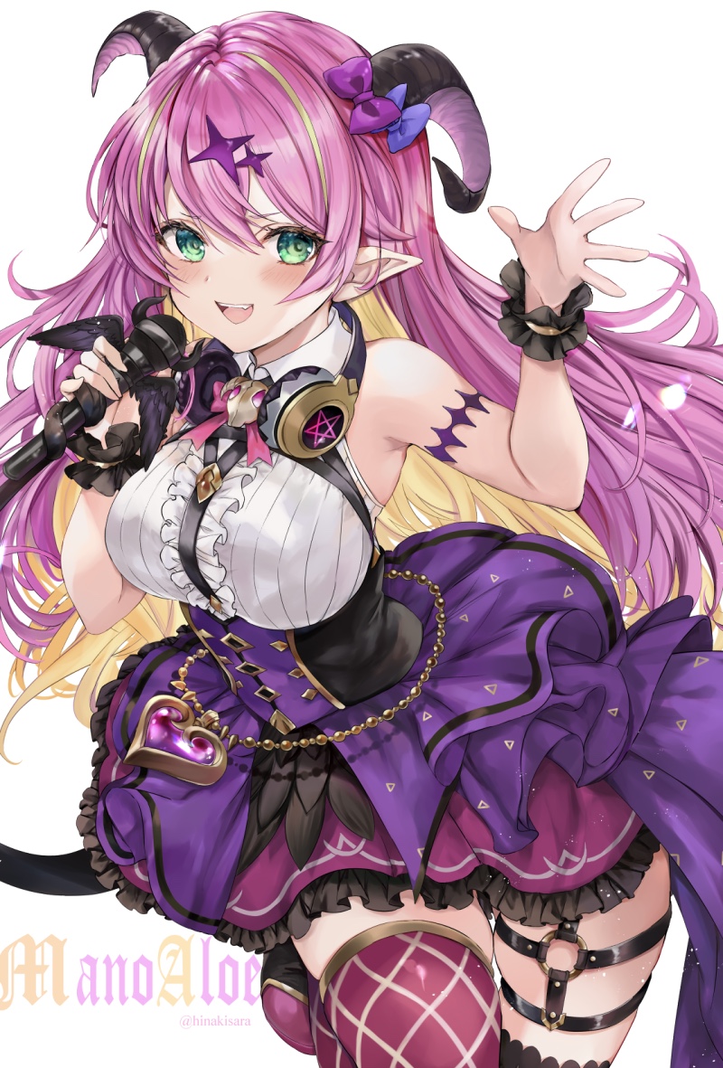 1girl :d asymmetrical_horns bare_shoulders blonde_hair blush bow breasts demon_horns eyebrows_visible_through_hair green_eyes hair_between_eyes hair_ornament hand_up headphones headphones_around_neck hinahino holding holding_microphone hololive horns large_breasts long_hair looking_at_viewer mano_aloe microphone mismatched_legwear multicolored_hair music open_mouth pink_hair pointy_ears singing skindentation sleeveless smile solo standing standing_on_one_leg two-tone_hair virtual_youtuber