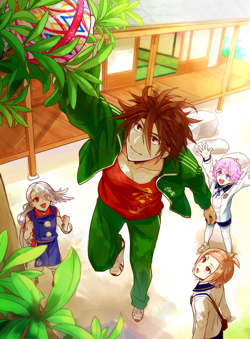 4boys :d akita_toushirou arms_up ball blue_eyes brown_eyes brown_hair clenched_hands eyes_visible_through_hair hair_over_one_eye houchou_toushirou ima-no-tsurugi jacket jumping legwear_under_shorts male_focus multiple_boys open_mouth otegine pants pantyhose pink_hair reaching red_eyes shorts smile touken_ranbu track_jacket track_pants tree white_hair white_legwear yuki_(makeinukk16)