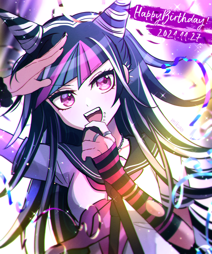 1girl arm_up bangs black_hair black_sailor_collar blue_hair breasts collarbone commentary_request danganronpa_(series) danganronpa_2:_goodbye_despair dated detached_sleeves eyebrows_visible_through_hair hair_horns hand_up happy_birthday jewelry large_breasts long_hair mikao_(eanv5385) mioda_ibuki multicolored_background multicolored_hair neckerchief open_mouth piercing pink_eyes pink_hair pink_neckerchief ring sailor_collar salute school_uniform scrunchie serafuku smile striped_sleeves torn_clothes torn_sleeves upper_body white_hair wrist_scrunchie