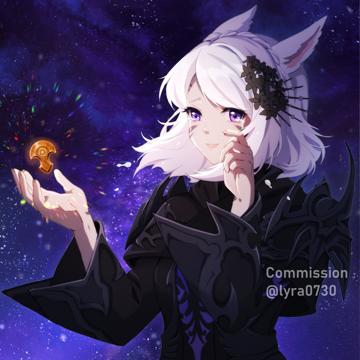 1girl animal_ears bangs cat_ears commission crying crying_with_eyes_open facial_mark final_fantasy final_fantasy_xiv hair_ornament highres lyra-kotto medium_hair miqo'te robe solo starry_background swept_bangs tears twitter_username upper_body violet_eyes whisker_markings white_hair