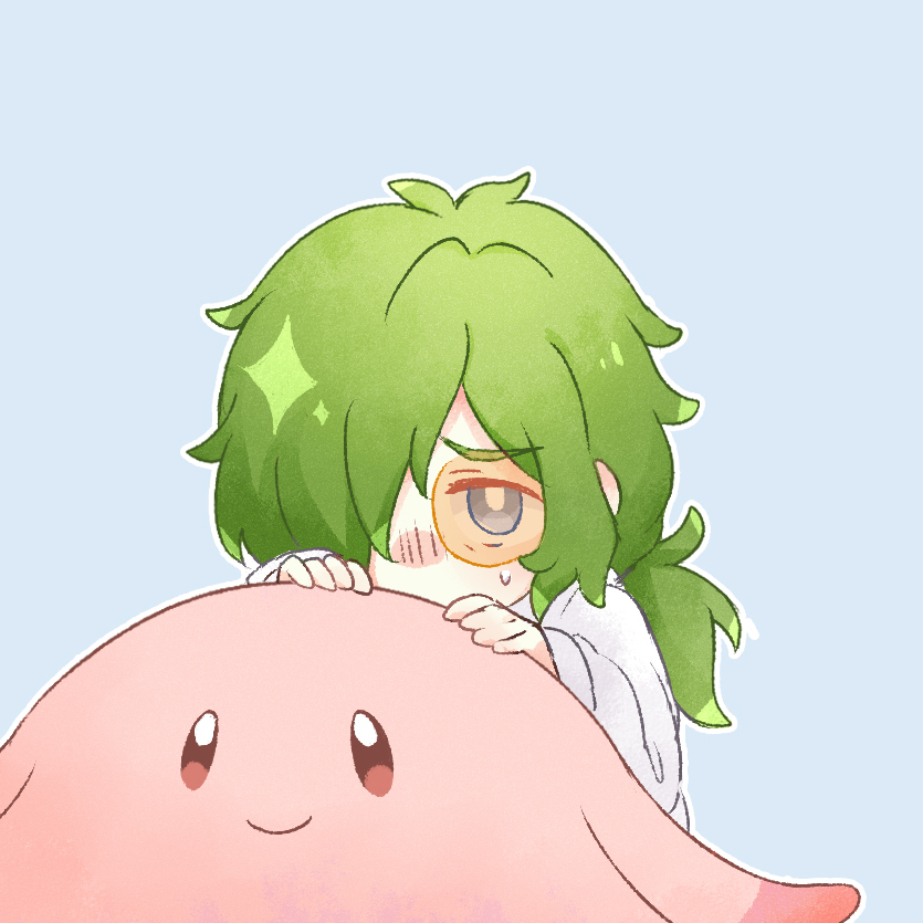 1boy akasaka_(qv92612) bangs blush chansey closed_mouth commentary_request eyebrows_visible_through_hair eyepiece gen_1_pokemon green_hair hair_over_one_eye hiding labcoat long_hair long_sleeves messy_hair nose_blush orange-tinted_eyewear outline pokemon pokemon_(anime) pokemon_(creature) pokemon_m21 smile sweatdrop toren_(pokemon)