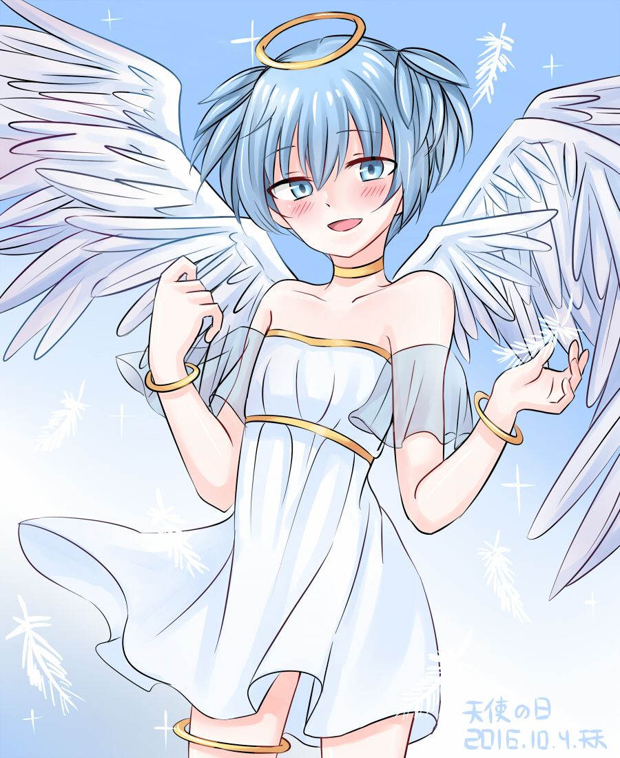 1boy ansatsu_kyoushitsu bangle blue_eyes blue_hair blush bracelet choker collarbone detached_sleeves eyebrows_visible_through_hair feathered_wings feathers halo jewelry looking_at_viewer male_focus open_mouth otoko_no_ko shiota_nagisa short_hair short_twintails simple_background skirt smile solo tenten_(kitty) twintails wings