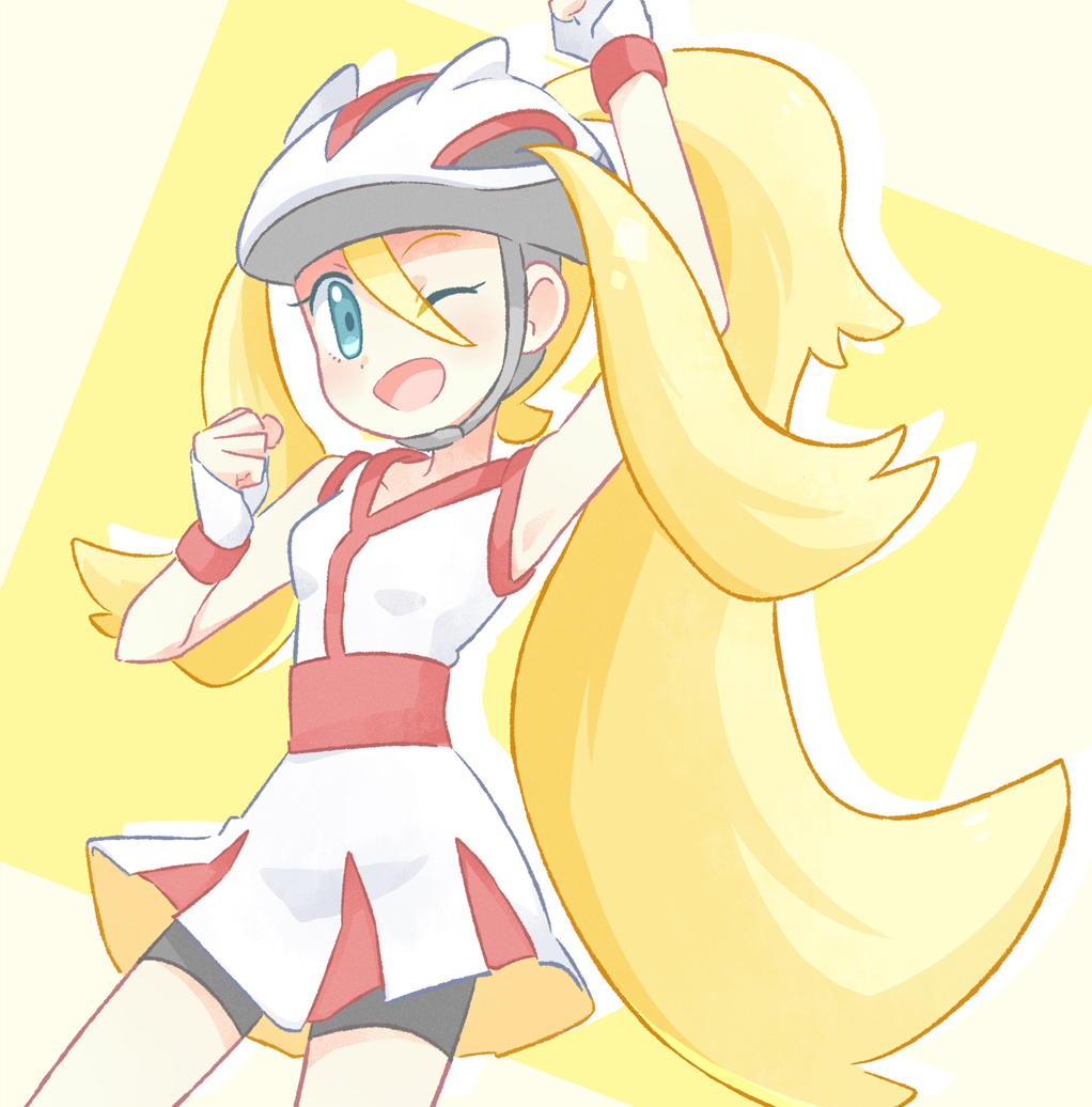 1girl akasaka_(qv92612) arm_up bangs bare_arms bike_shorts blonde_hair blue_eyes clenched_hand commentary_request dress eyelashes fingerless_gloves gloves hair_between_eyes hand_up high_ponytail korrina_(pokemon) long_hair looking_at_viewer one_eye_closed open_mouth pokemon pokemon_(game) pokemon_xy solo tongue