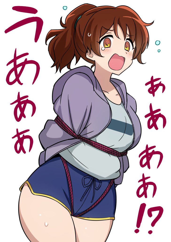 1girl blush bound brown_hair hibike!_euphonium open_mouth oumae_kumiko ponytail restrained shibari short_shorts shorts wavy_mouth