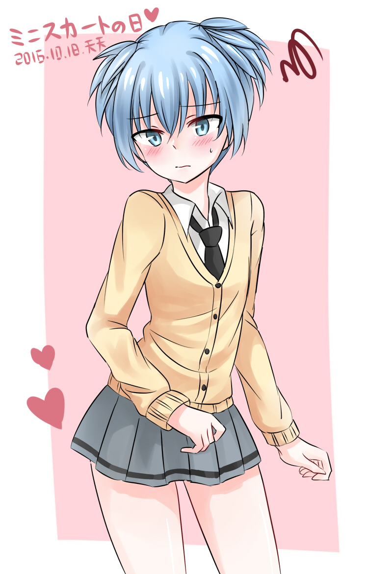 1boy ansatsu_kyoushitsu blue_eyes blue_hair blush collar dated eyebrows_visible_through_hair heart kunugigaoka_middle_school_uniform looking_at_viewer male_focus miniskirt necktie otoko_no_ko school_uniform shiota_nagisa shirt short_hair short_twintails simple_background skirt solo squiggle sweat tenten_(kitty) translated twintails two-tone_background