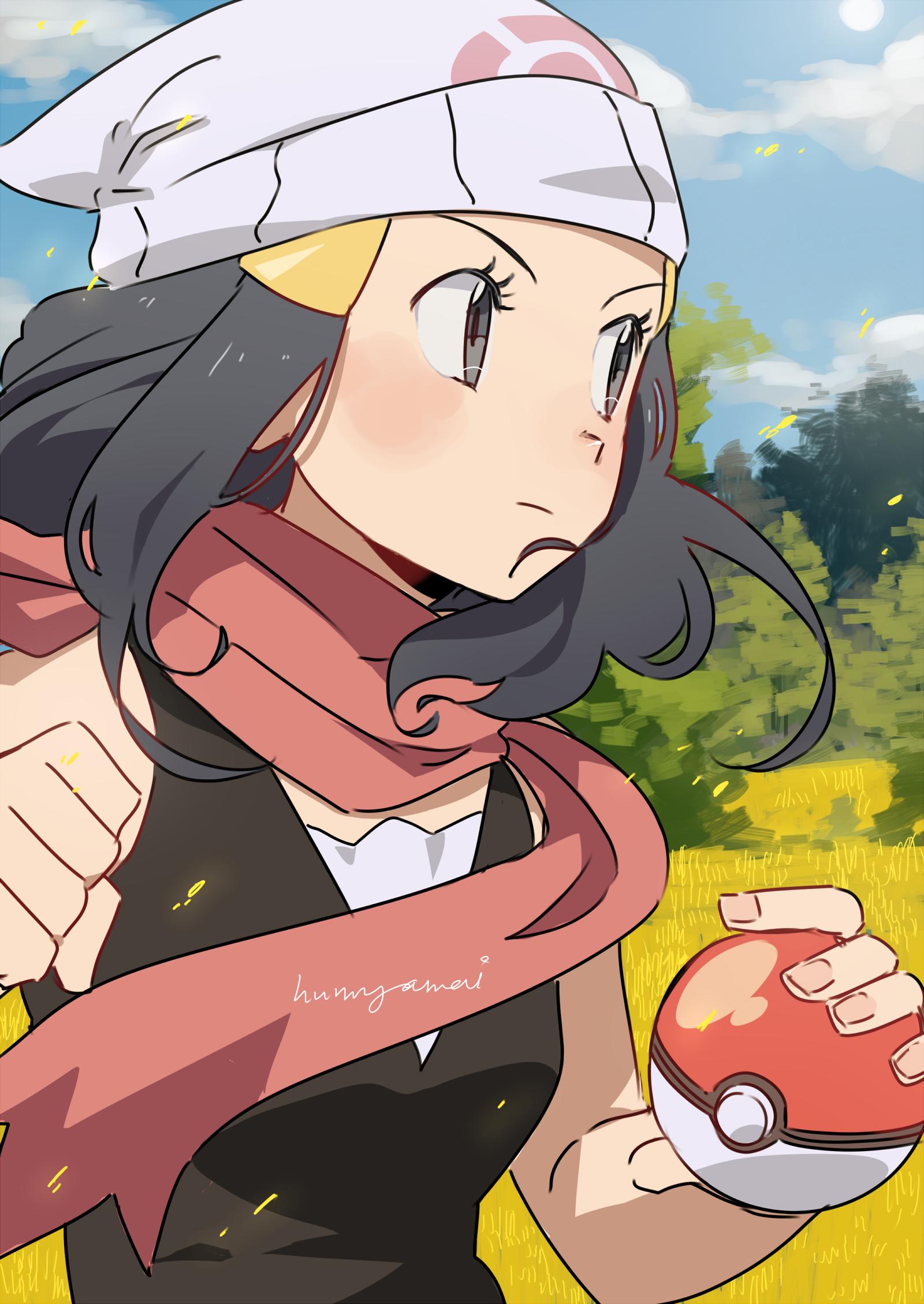 1girl artist_name beanie black_hair blush clenched_hand closed_mouth clouds commentary hikari_(pokemon) day eyelashes grass grey_eyes hair_ornament hairclip hat highres holding holding_poke_ball hunnyamai outdoors pink_scarf poke_ball poke_ball_(basic) pokemon pokemon_(game) pokemon_dppt scarf sidelocks sky solo white_headwear