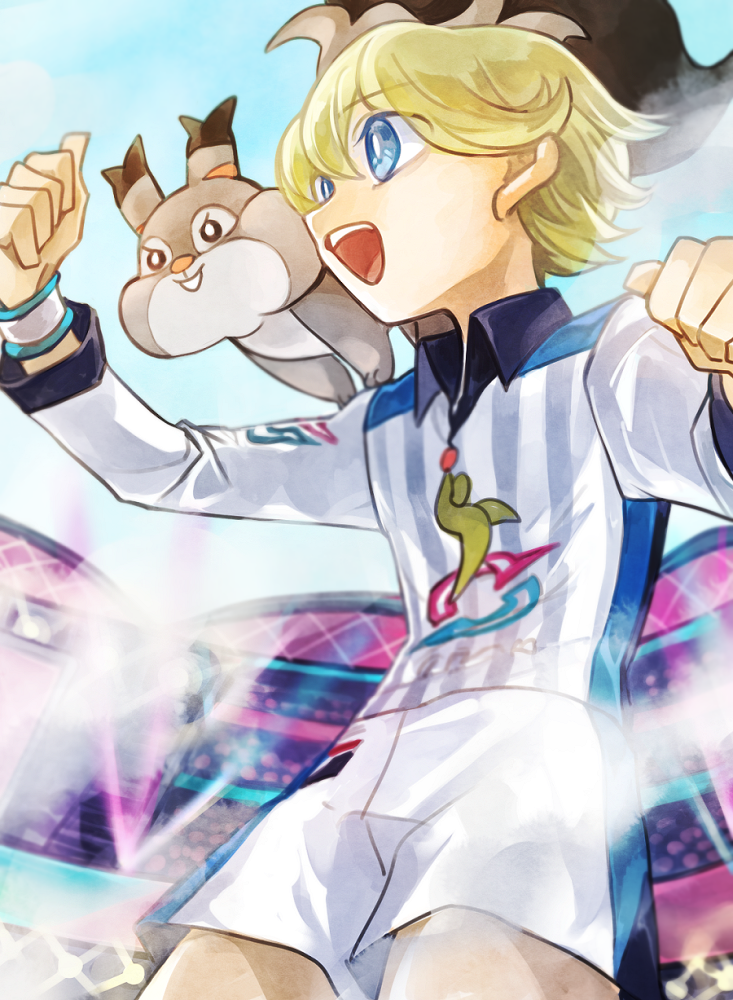 1boy :d bangs blonde_hair blue_eyes clenched_hands collared_shirt commentary_request eyebrows_visible_through_hair gen_8_pokemon long_sleeves on_shoulder open_mouth pokemon pokemon_(creature) pokemon_(game) pokemon_on_shoulder pokemon_swsh print_shirt shirt short_hair shorts skwovet smile snk_rnk stadium teeth tongue white_shorts wristband youngster_(pokemon)