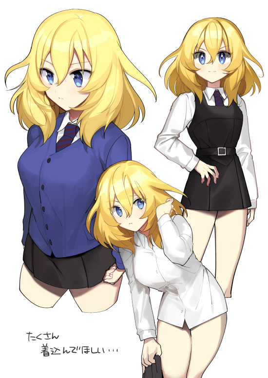 1girl bangs bc_freedom_school_uniform black_skirt black_vest blonde_hair blue_eyes blue_neckwear blue_sweater blush cardigan closed_mouth cropped_legs dress dress_shirt dressing girls_und_panzer hand_in_hair hand_on_hip leaning_forward light_frown long_sleeves looking_at_viewer medium_hair messy_hair miniskirt necktie oshida_(girls_und_panzer) pinafore_dress pleated_skirt school_uniform shirt simple_background skirt skirt_lift smile standing sweater tan3charge translated vest white_background white_shirt wing_collar