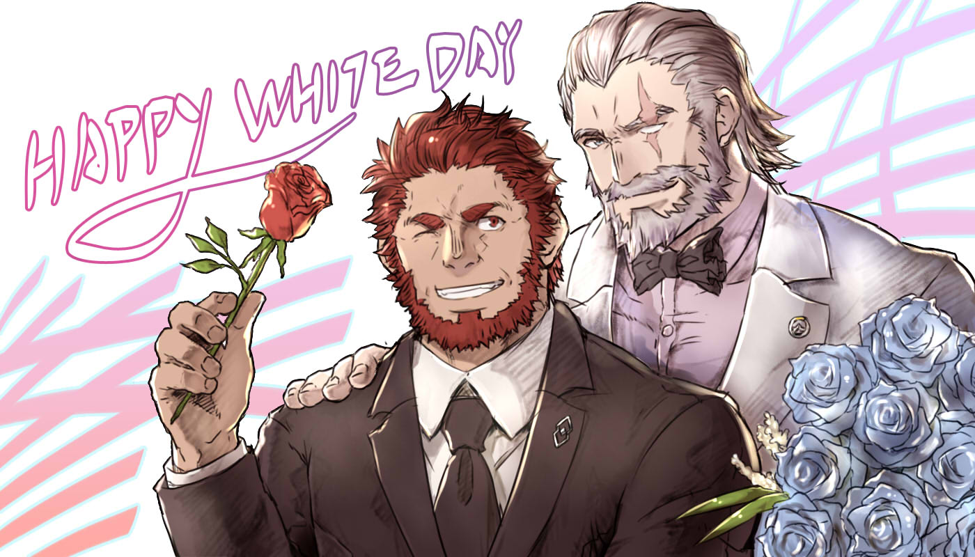 2boys alternate_costume beard bow bowtie crossover facial_hair fate_(series) flower formal grey_eyes hand_on_another's_shoulder iskandar_(fate) konohanaya looking_at_another looking_at_viewer male_focus manly multiple_boys muscle mustache necktie old_man one_eye_closed overwatch reinhardt_(overwatch) rose scar scar_across_eye short_hair smile suit upper_body white_day white_flower white_hair white_suit