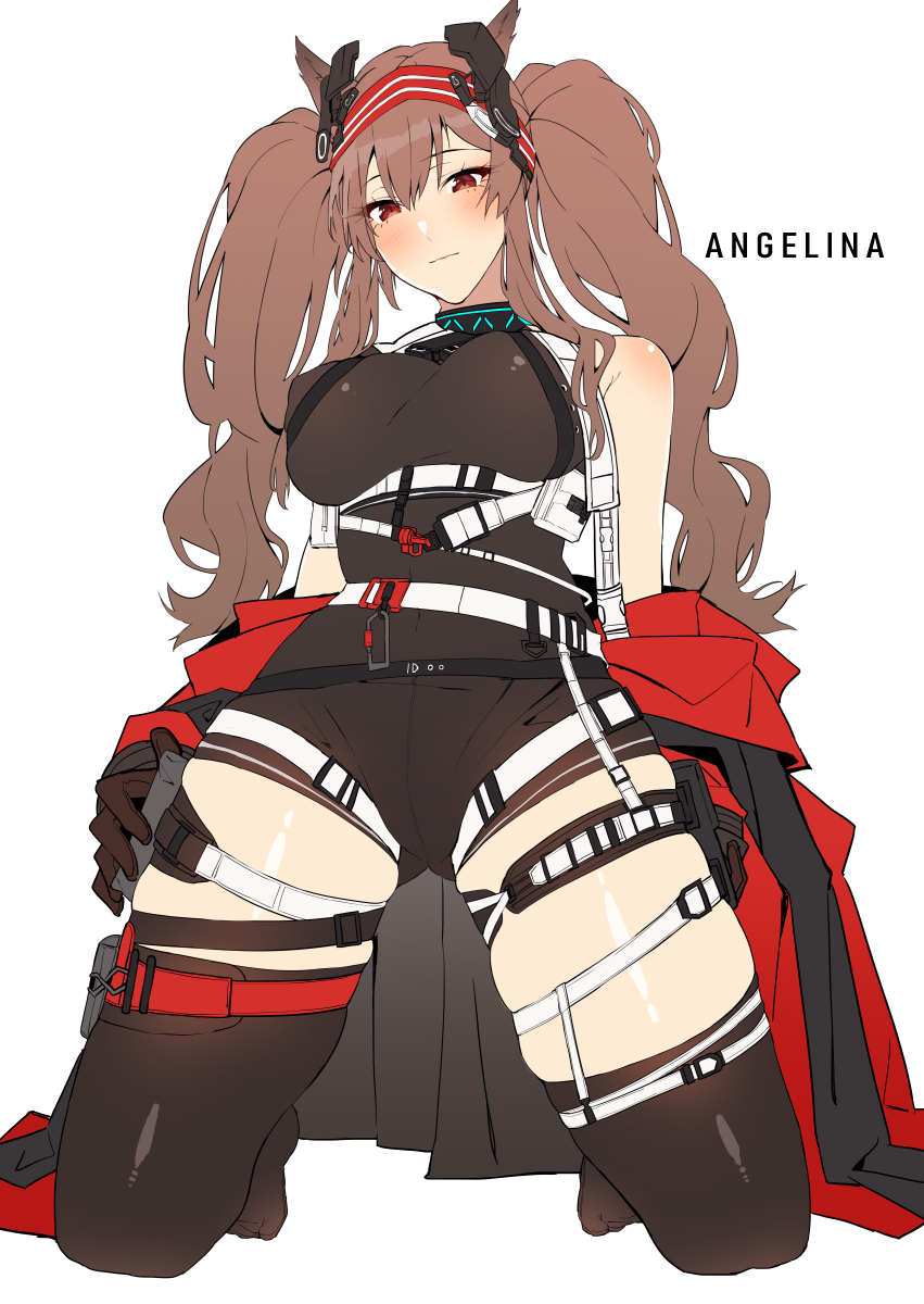 1girl angelina_(arknights) animal_ears arknights asakawa_(outeq) bangs bare_shoulders black_gloves black_legwear blush breasts brown_hair gloves hairband highres horse_ears kneeling legs long_hair off_shoulder red_eyes smile solo thigh-highs thigh_strap