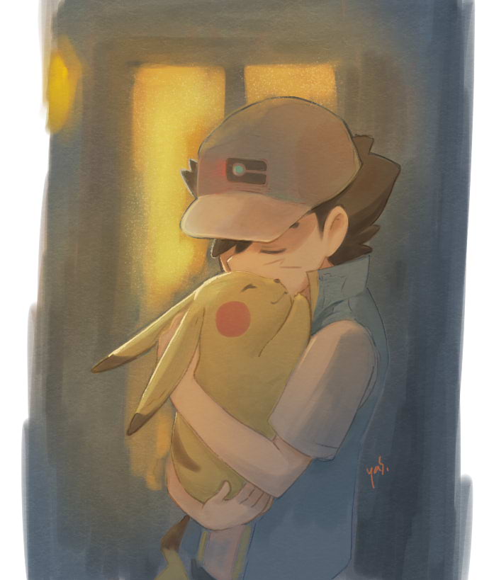 1boy artist_name ash_ketchum baseball_cap blue_jacket brown_hair closed_eyes commentary_request gen_1_pokemon hat holding holding_pokemon hug jacket pikachu pokemon pokemon_(anime) pokemon_(creature) pokemon_swsh_(anime) popped_collar shirt short_sleeves signature smile white_shirt yas9_9