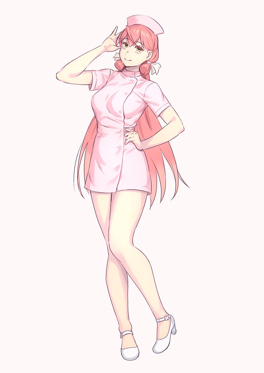 1girl akashi_(kantai_collection) alternate_costume arm_up bangs bare_legs blush breasts closed_mouth commentary_request eyebrows_visible_through_hair full_body green_eyes hair_ribbon hand_on_hip hat high_heels highres kantai_collection large_breasts long_hair looking_at_viewer nurse nurse_cap pink_hair ribbon short_sleeves simple_background smile solo tress_ribbon very_long_hair white_background yuuji_(and)