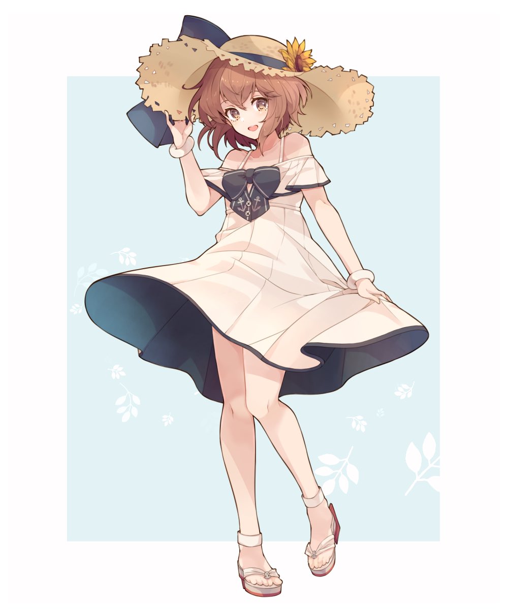 1girl anchor_symbol bracelet brown_eyes brown_hair commentary_request dress full_body hat highres jewelry kantai_collection looking_at_viewer official_alternate_costume open_toe_shoes shakemi_(sake_mgmgmg) short_hair solo standing straw_hat sun_hat sundress white_dress yukikaze_(kantai_collection)