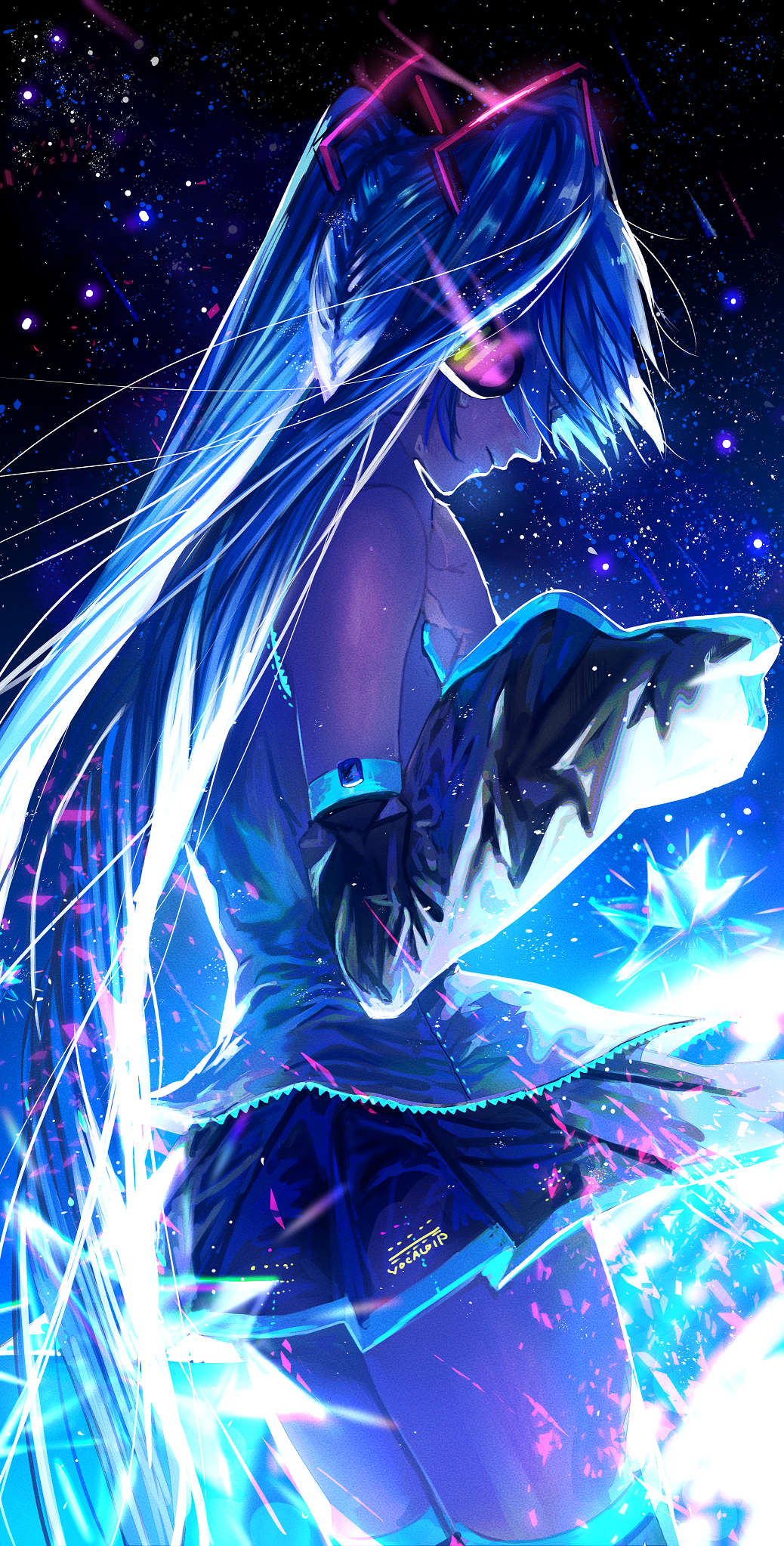 1girl aqua_hair bangs black_skirt blue_hair blue_theme closed_mouth cowboy_shot detached_sleeves eyes_visible_through_hair from_side frown glowing grey_shirt hair_ornament hair_over_eyes hand_up hatsune_miku headphones highres light_particles light_trail loga long_hair looking_down miniskirt necktie pleated_skirt profile shirt skirt solo sparkle stellated_octahedron thigh-highs twintails very_long_hair vocaloid zettai_ryouiki