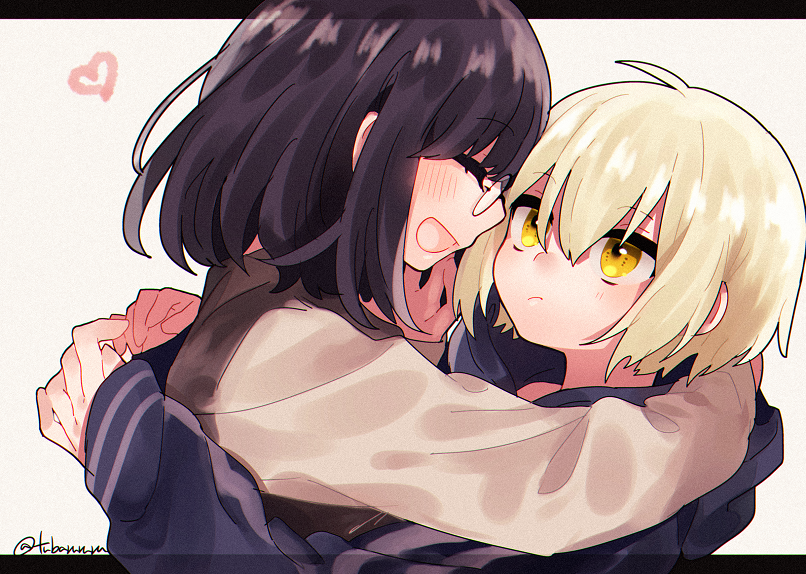 2girls :&lt; arms_around_neck bird_hoodie_girl_(tsubaki_tsubara) black_hair blonde_hair blue_hoodie blush brown_hoodie cat_hoodie_girl_(tsubaki_tsubara) closed_eyes couple glasses hair_between_eyes heart medium_hair multiple_girls open_mouth original round_eyewear short_hair signature tsubaki_tsubaru white_background yellow_eyes