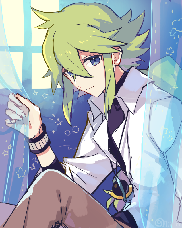 1boy bangs blue_eyes brown_pants closed_mouth collared_shirt commentary green_hair hair_between_eyes hand_up jewelry long_hair looking_at_viewer male_focus n_(pokemon) necklace orb pants pokemon pokemon_(game) pokemon_bw shirt sidelocks sleeves_past_elbows smile solo star_(symbol) tpi_ri white_shirt window wristband