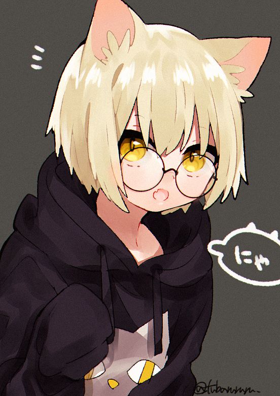 1girl :o animal_ears animal_print black_hoodie blonde_hair cat_ears cat_hoodie_girl_(tsubaki_tsubara) cat_print eyebrows_visible_through_hair fang glasses grey_background open_mouth original round_eyewear short_hair skin_fang slit_pupils tsubaki_tsubaru yellow_eyes