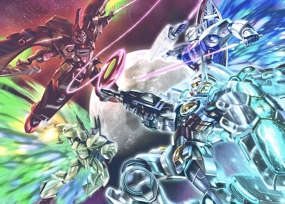 artist_progress beam_rifle beam_saber dual_wielding energy_gun facial_hair fighting g-self gun gundam gundam_g_no_reconguista holding holding_gun holding_weapon horns mecha mecha_request mustache no_humans space totthii0081 turn_a_gundam turn_a_gundam_(mobile_suit) turn_x weapon yellow_eyes