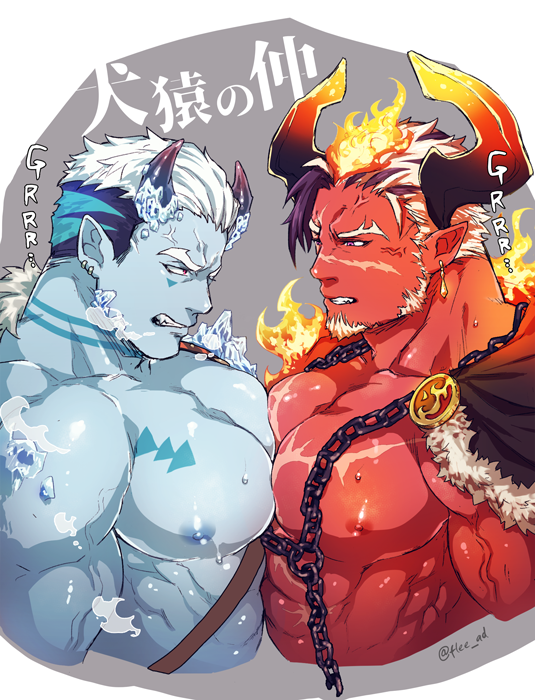 2boys abs anger_vein annoyed bara bare_chest blue_hair blue_skin chain chest cropped_torso dark dark_skin dark_skinned_male earrings english_text facial_hair fire flee_ad glowing_horns goatee horns ice ice_horns jewelry male_focus manly multicolored_hair multiple_boys muscle nipples original pectoral_docking pectoral_press pectorals purple_hair red_skirt shiny shiny_skin short_hair sideburns skirt twitter_username two-tone_hair upper_body white_hair