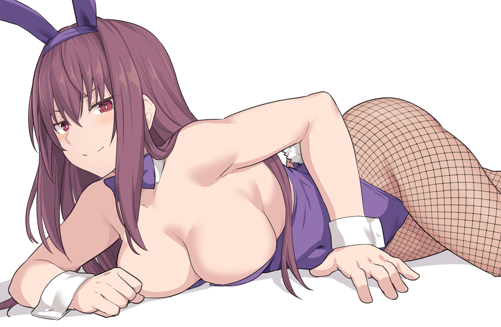 1girl animal_ears bangs blush breasts bunnysuit covered_navel detached_collar fake_animal_ears fate/grand_order fate_(series) fishnet_legwear fishnets hair_between_eyes highleg highleg_leotard large_breasts leotard long_hair looking_at_viewer lying on_stomach pantyhose purple_hair purple_leotard rabbit_ears red_eyes scathach_(fate)_(all) scathach_(fate/grand_order) shiseki_hirame simple_background smile thighs white_background wrist_cuffs