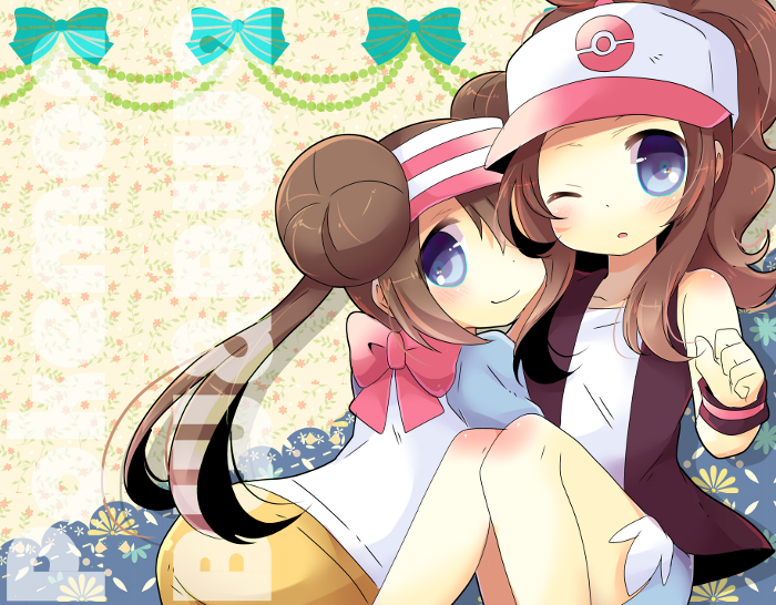 2girls ;o bare_shoulders baseball_cap black_vest blue_eyes blue_shorts blush bow brown_hair closed_mouth collarbone commentary_request copyright_name double_bun hat high_ponytail hilda_(pokemon) knees_up kouu_hiyoyo long_hair multiple_girls one_eye_closed parted_lips pink_bow pink_headwear pokemon pokemon_(game) pokemon_bw pokemon_bw2 ponytail raglan_sleeves rosa_(pokemon) shirt short_shorts shorts smile twintails very_long_hair vest visor_cap white_headwear white_shirt wrist_cuffs yellow_shorts